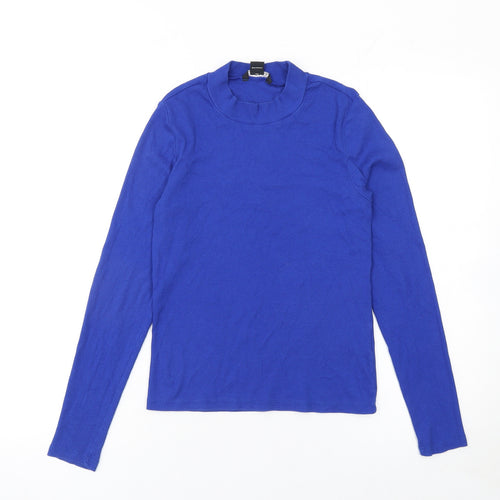 Monki Women Blue Mock Neck Long Sleeve Jersey Cotton Top M