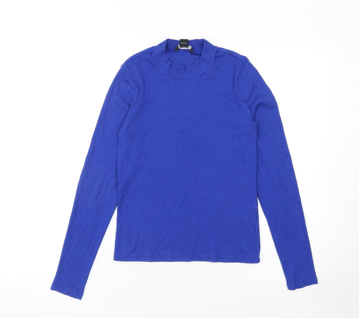 Monki Women Blue Mock Neck Long Sleeve Jersey Cotton Top M