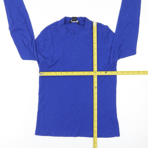 Monki Women Blue Mock Neck Long Sleeve Jersey Cotton Top M