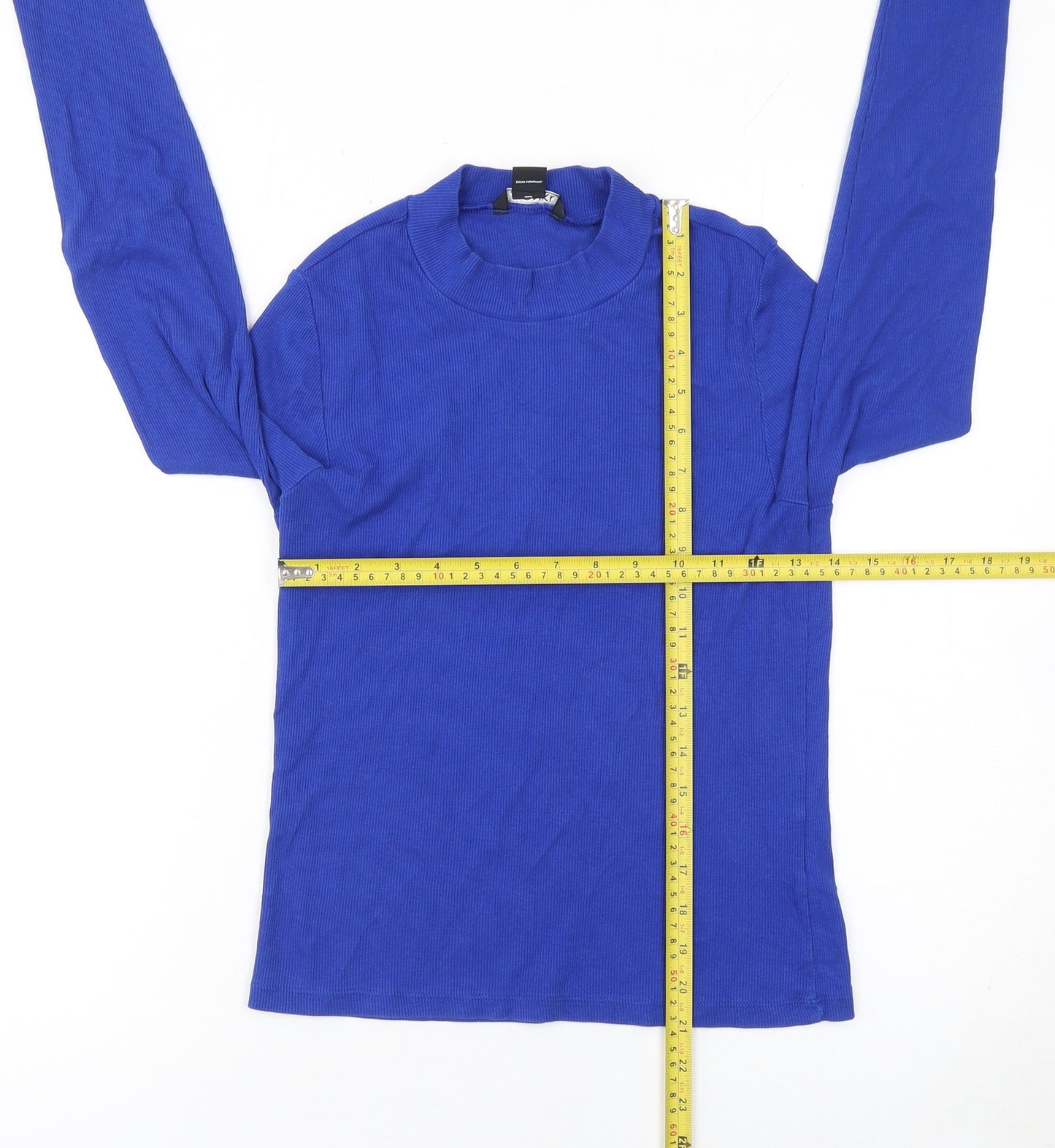 Monki Women Blue Mock Neck Long Sleeve Jersey Cotton Top M