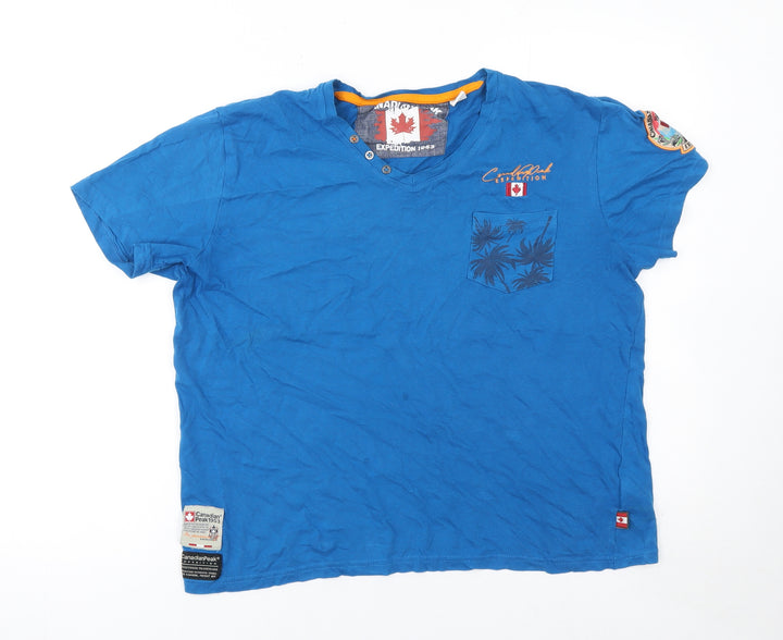 Canadian Peak Men Blue S V-Neck Graphic Outdoor Cotton T-Shirt
