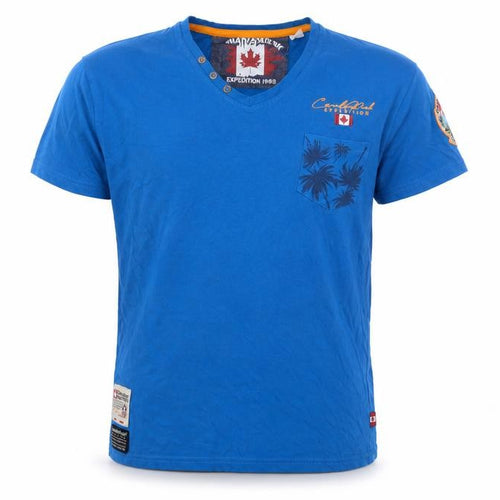 Canadian Peak Men Blue S V-Neck Graphic Outdoor Cotton T-Shirt