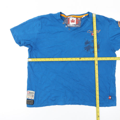 Canadian Peak Men Blue S V-Neck Graphic Outdoor Cotton T-Shirt
