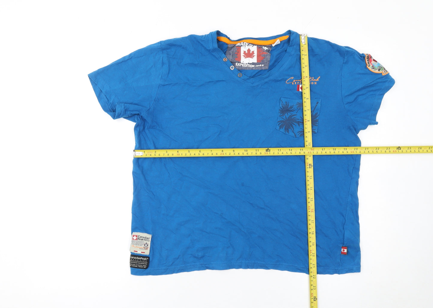 Canadian Peak Men Blue S V-Neck Graphic Outdoor Cotton T-Shirt