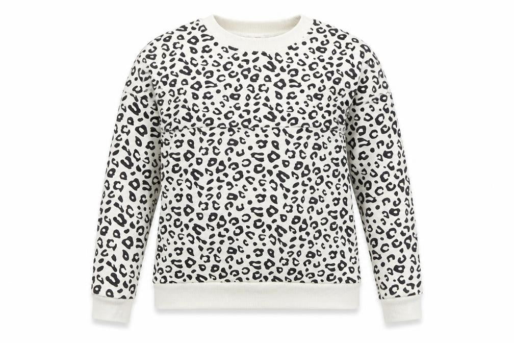 Front view of Chic and Discreet Women's White Leopard Print Pullover Sweatshirt, size S