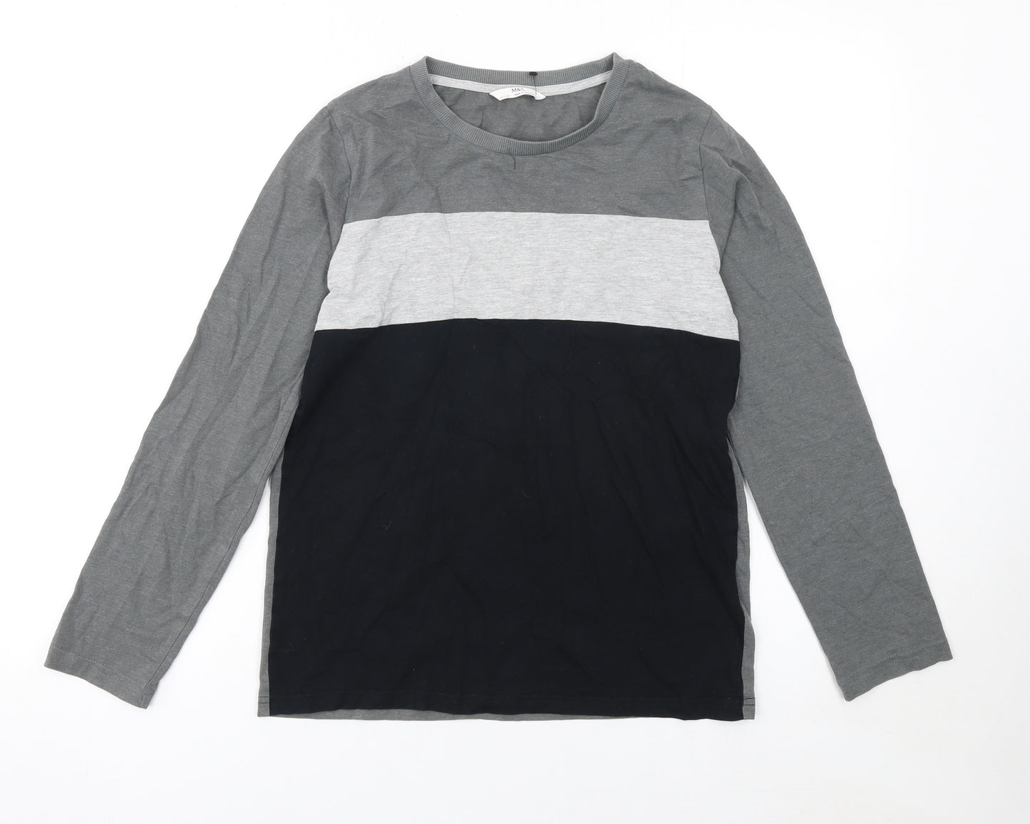 Marks and Spencer Boys Grey & Black Colourblock Long Sleeve T-Shirt 12-13 Years