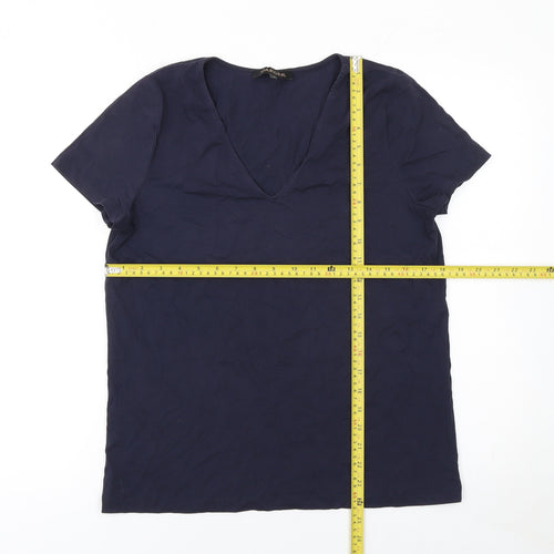 Jaeger Women Blue Basic V-Neck Cotton Short Sleeve T-Shirt M