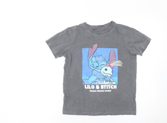 Disney Girls Grey Lilo & Stitch Cotton T-Shirt 9-10 Years Graphic Print