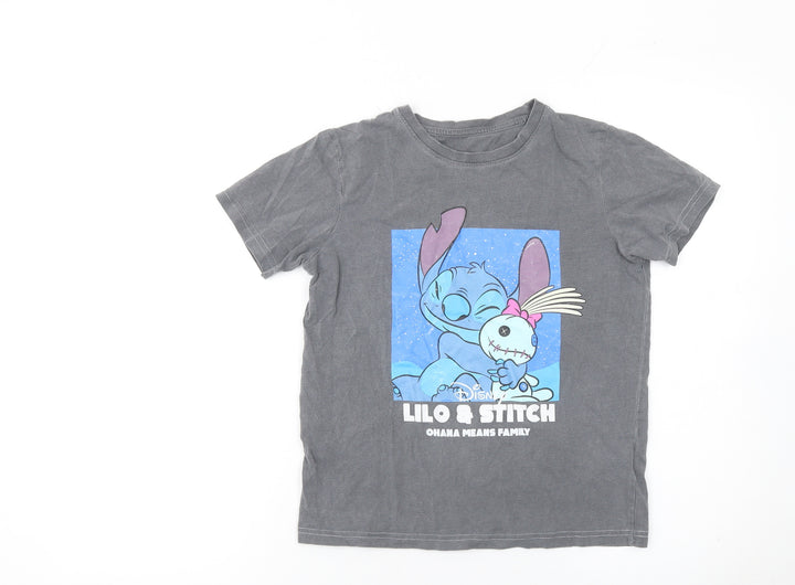 Disney Girls Grey Lilo & Stitch Cotton T-Shirt 9-10 Years Graphic Print