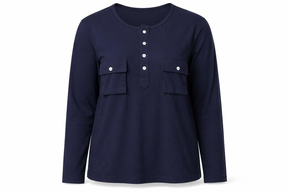 Front view of U2M2 Women's Blue Long Sleeve Button-Up Cotton Shirt 2XL