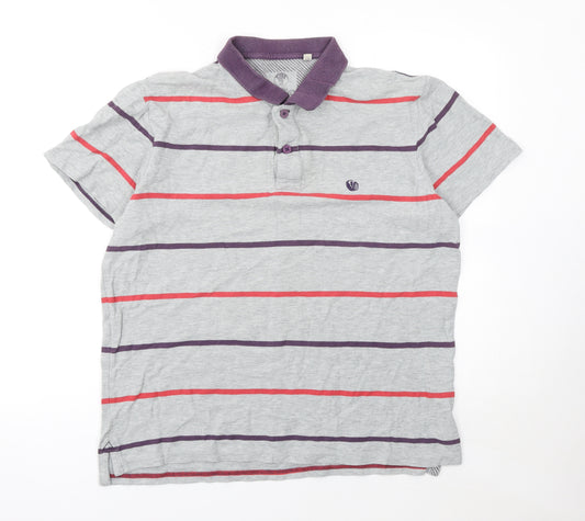 Fat Face Mens Grey Striped Cotton Polo Shirt L Short Sleeve Casual