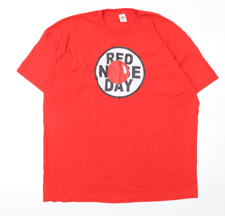 Fruit of the Loom Mens Red Nose Day Red T-Shirt XXL Cotton Crew Neck