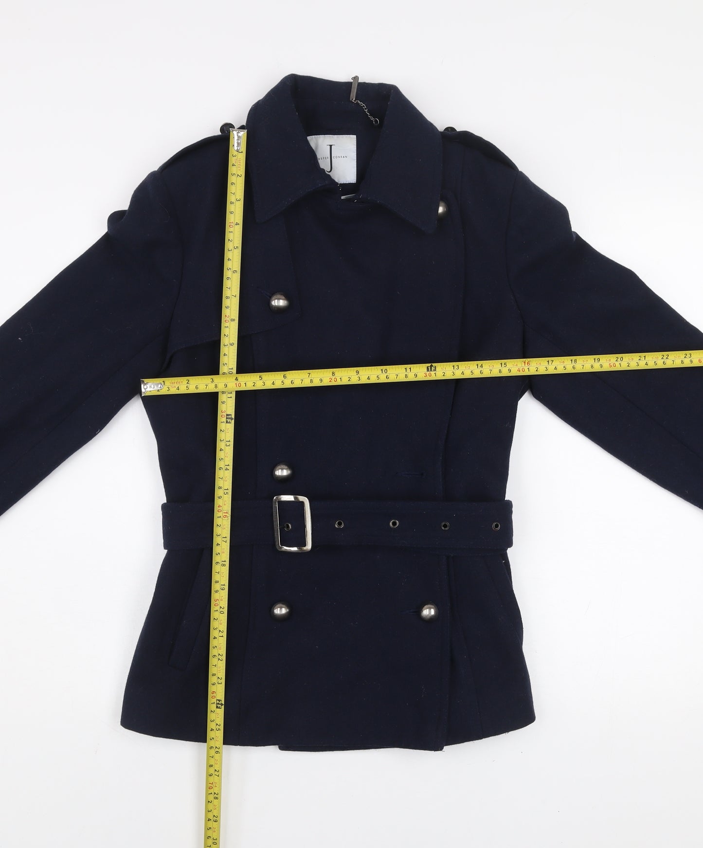 Jasper Conran Women's Navy Wool Blend Belted Trench Coat Size 12