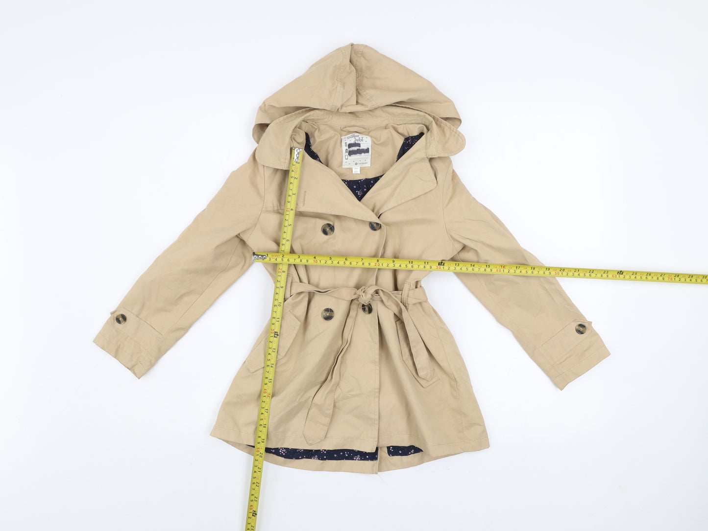 Vertbaudet Girls Beige Hooded Trench Coat 8 Years Belted Double-Breasted