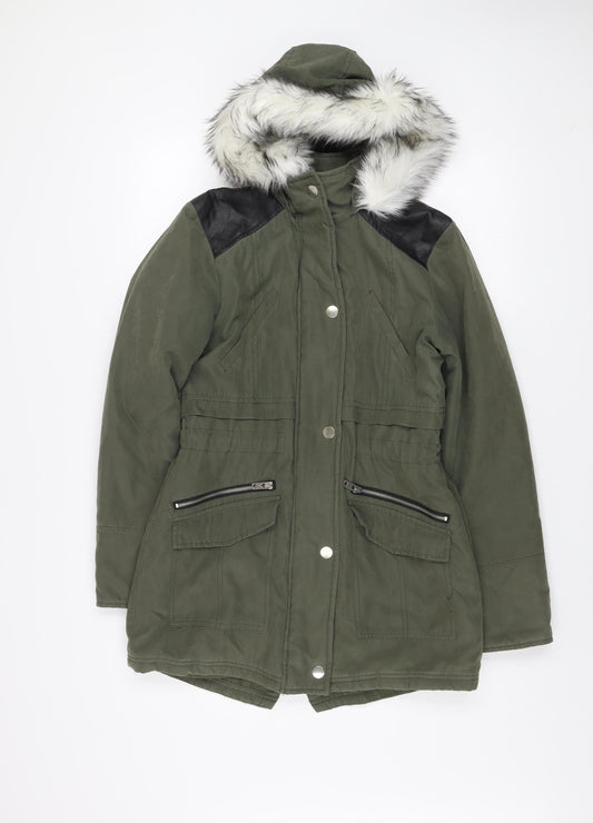 New Look Girls Green 12-13 Years Hooded Faux Fur Lined Parka Coat
