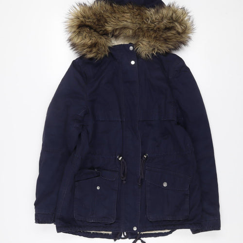 H&M Women’s Blue Cotton Parka Jacket Size 10 Hooded Fur Trim