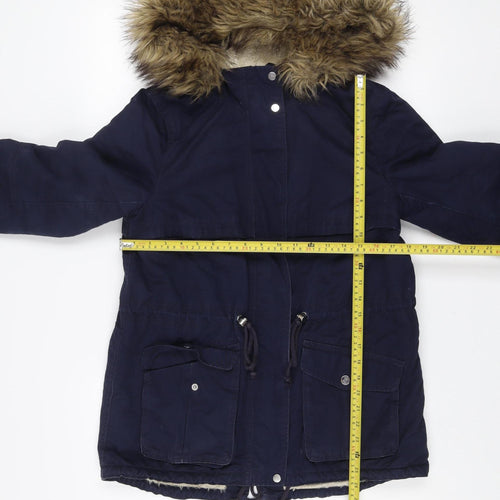 H&M Women’s Blue Cotton Parka Jacket Size 10 Hooded Fur Trim