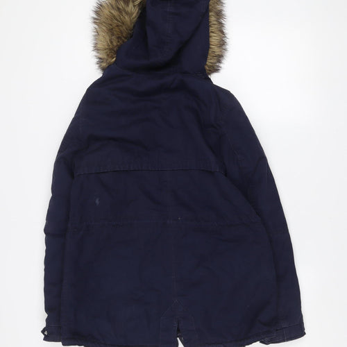 H&M Women’s Blue Cotton Parka Jacket Size 10 Hooded Fur Trim
