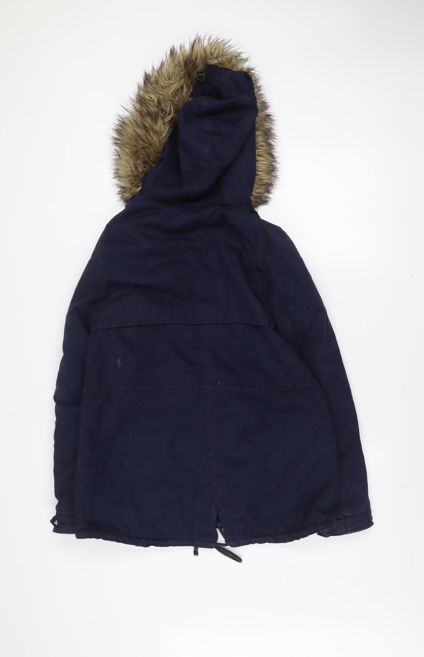 H&M Women’s Blue Cotton Parka Jacket Size 10 Hooded Fur Trim