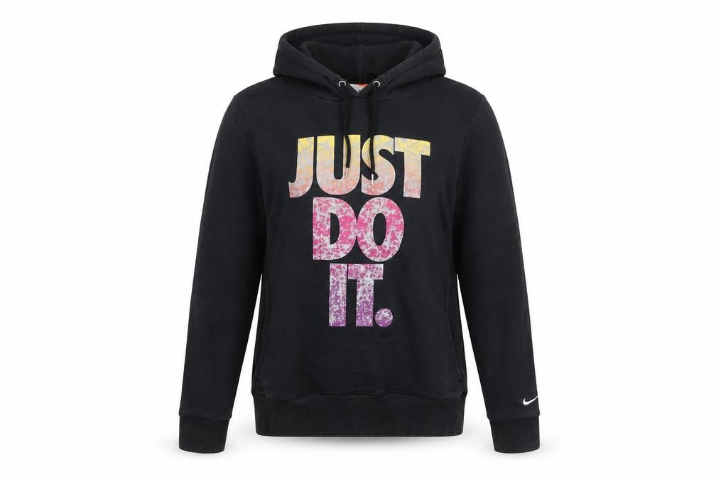 Front view of Nike Women's Black 'Just Do It' Pullover Hoodie, size S