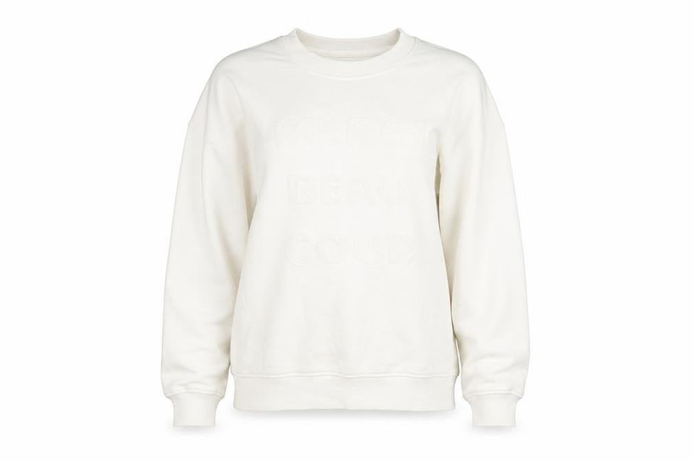 Front view of Tu Woman White Merci Beaucoup Embroidered Sweatshirt, size S