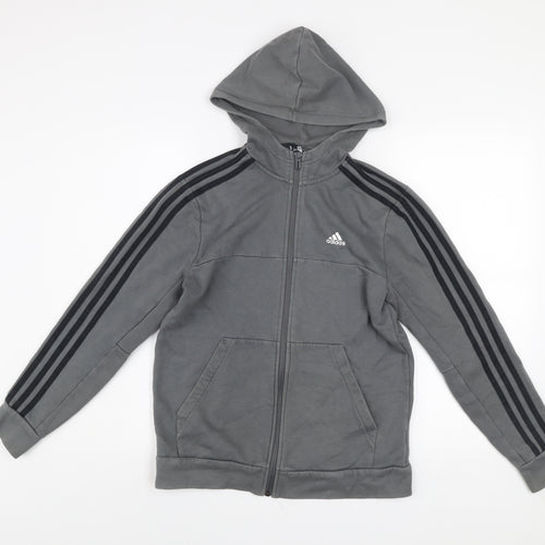 Adidas Boys Grey Hooded Track Jacket 13-14 Years Full Zip Cotton Blend