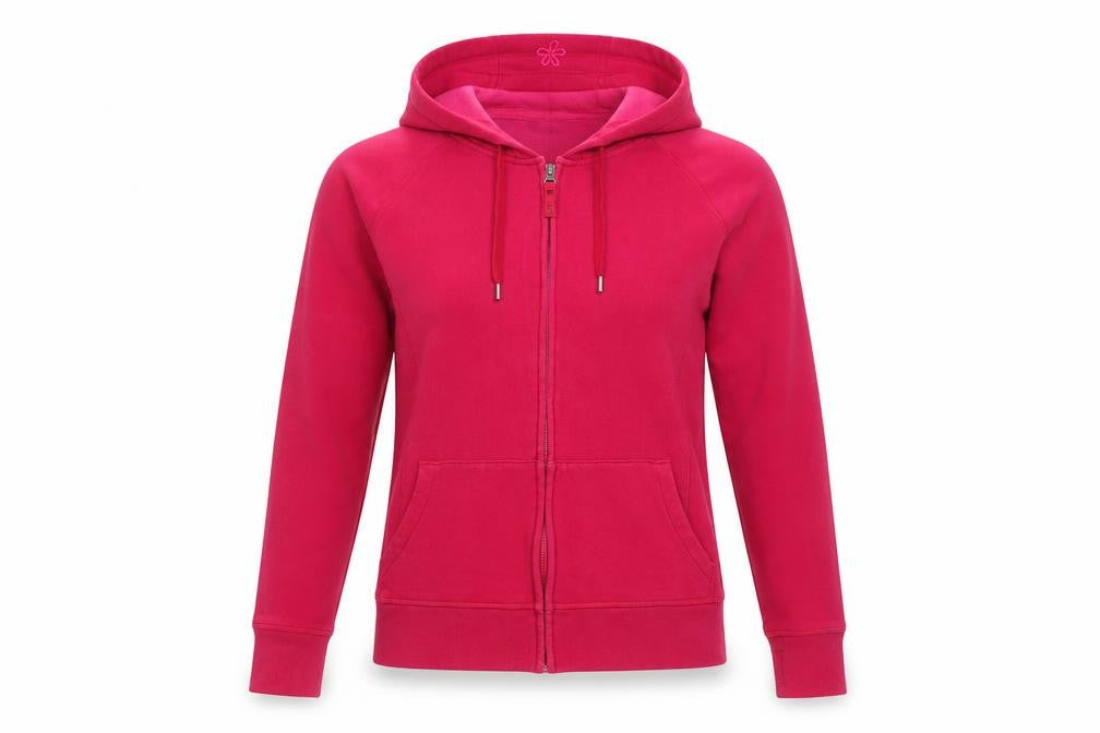 Front view of Tuff Athletics Women's Pink Hooded Full Zip Track Jacket, size S