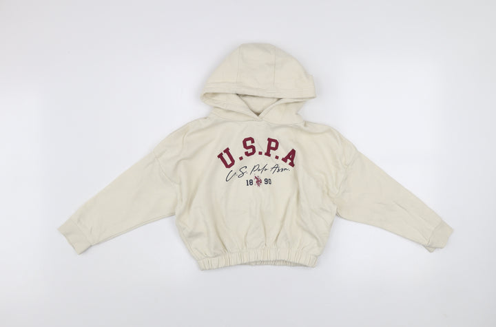 U.S. Polo Assn. Girls Ivory 7-8 Years Pullover Hoodie with Logo Print