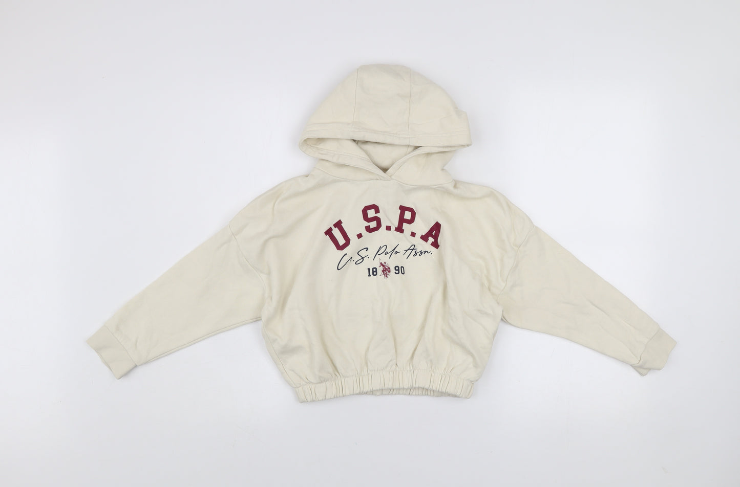 U.S. Polo Assn. Girls Ivory 7-8 Years Pullover Hoodie with Logo Print