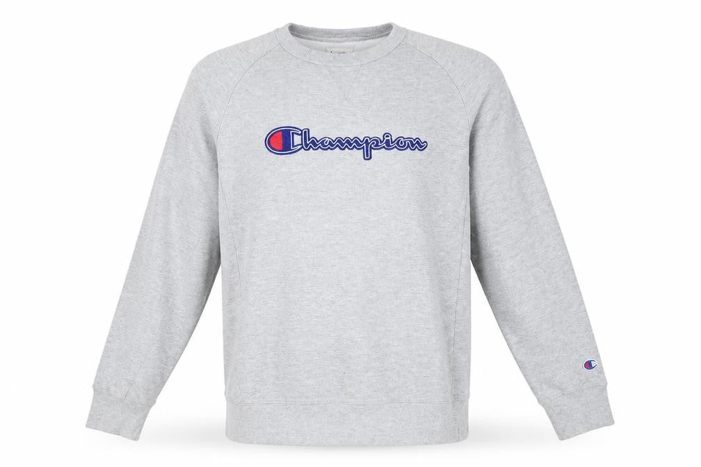 Front view of Champion Men's Grey Crew Neck Pullover Sweatshirt, size L