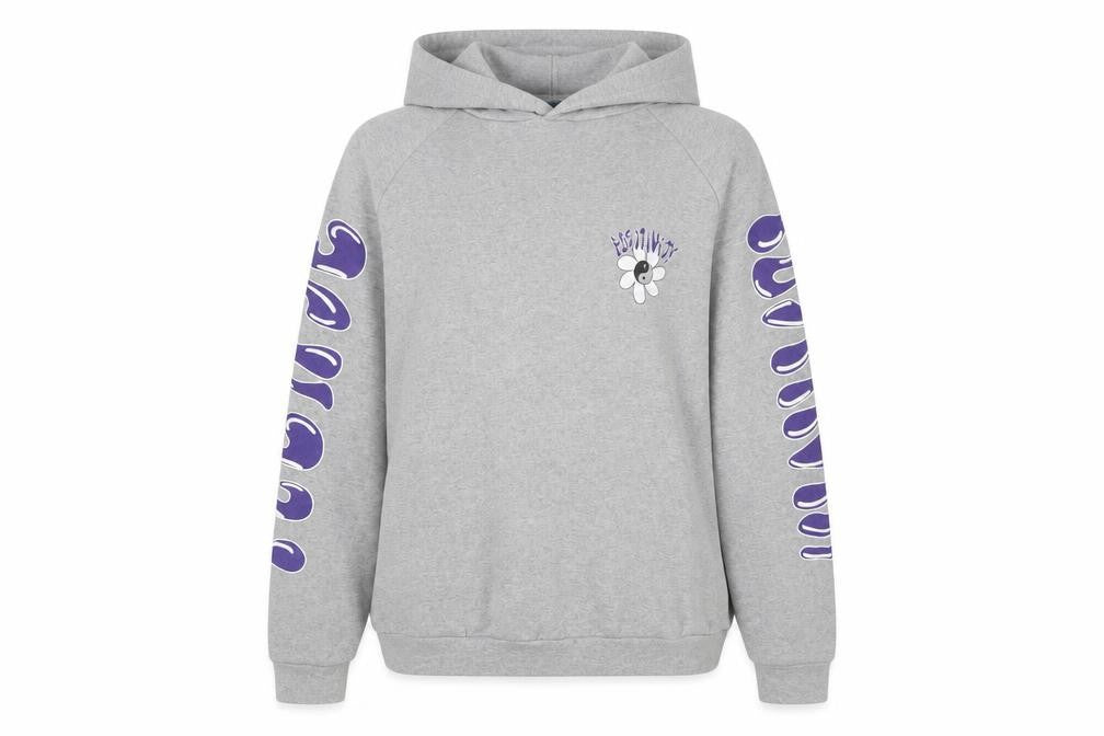 Front view of Alaçati Style Women Grey Hoodie L Graphic Print Pullover Positivity Design