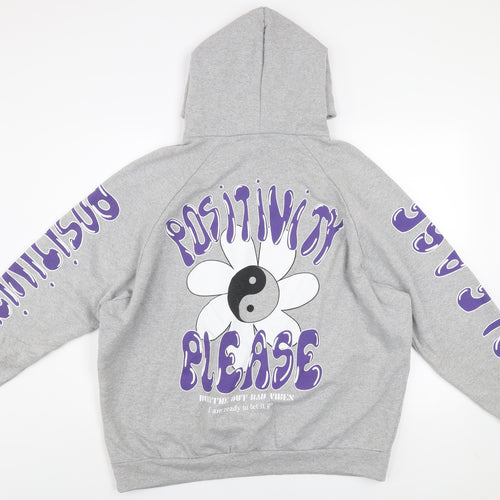 Alaçati Style Women Grey Hoodie L Graphic Print Pullover Positivity Design