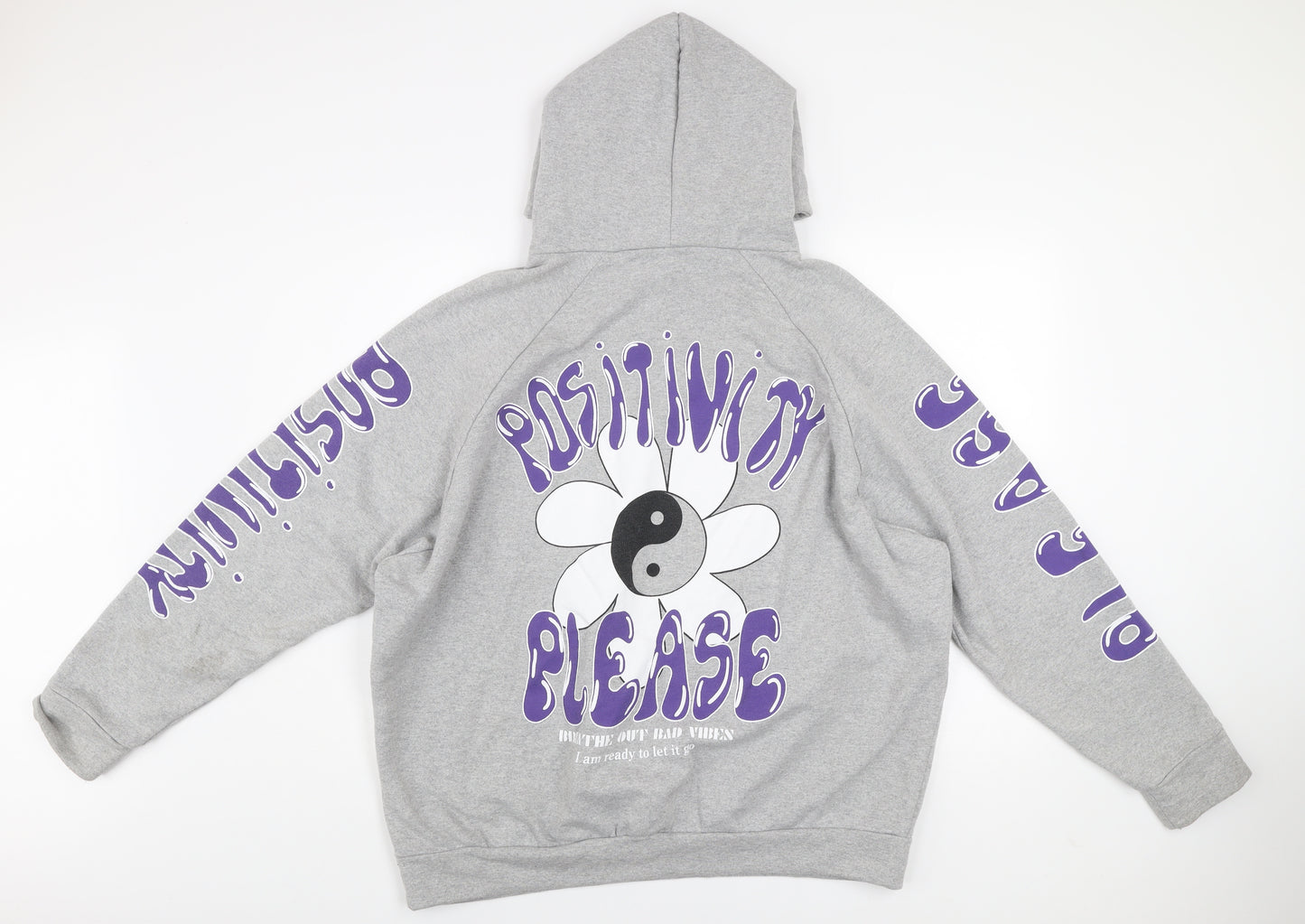 Alaçati Style Women Grey Hoodie L Graphic Print Pullover Positivity Design