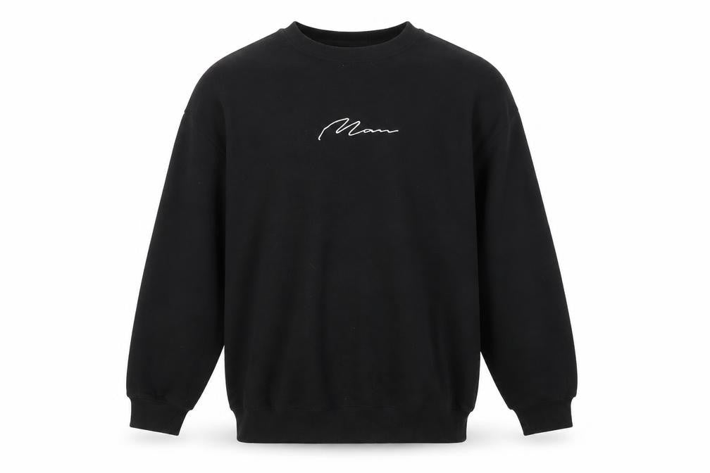 Front view of boohooMAN Men's Black Embroidered Logo Pullover Sweatshirt, size L