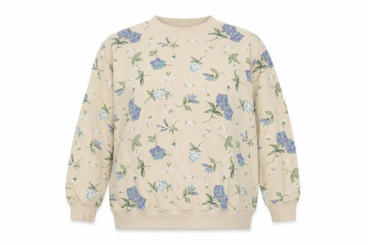 Front view of Damart women’s beige floral crew neck pullover sweatshirt, size UK 20/22