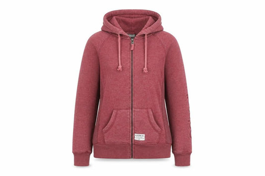 Front view of Animal women’s red zip up hooded fleece jacket, size UK 10
