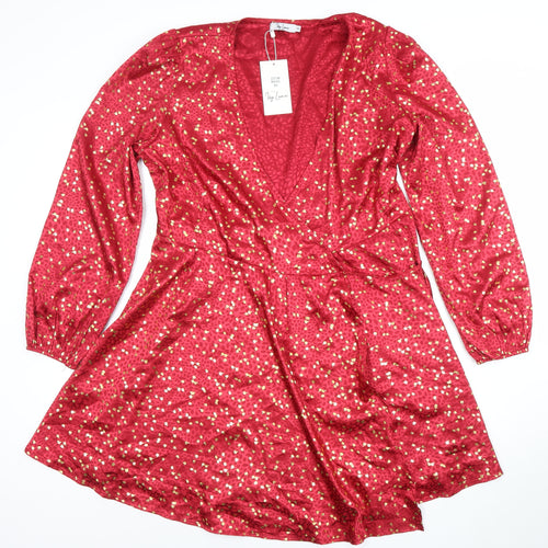 Ivy Lane Women's Red Floral Wrap Knee-length Dress Long Sleeve Size 14
