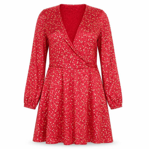 Ivy Lane Women's Red Floral Wrap Knee-length Dress Long Sleeve Size 14