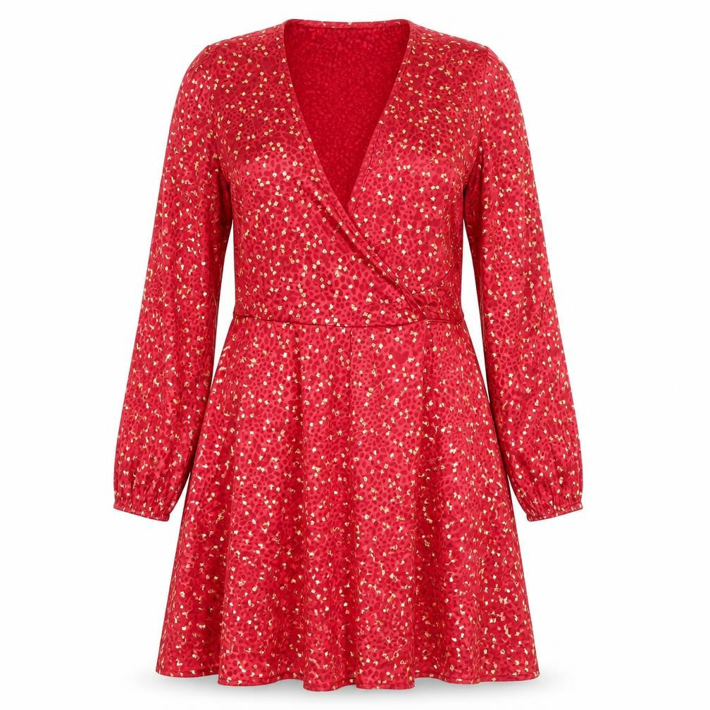Ivy Lane Women's Red Floral Wrap Knee-length Dress Long Sleeve Size 14