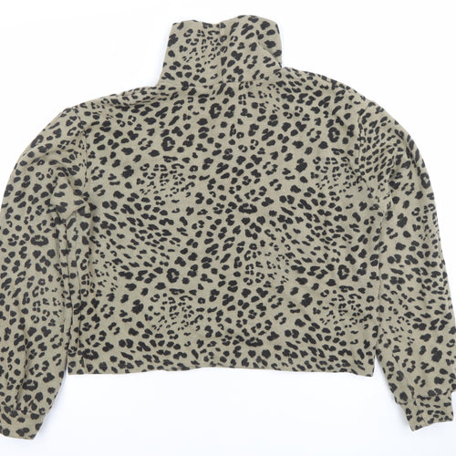 Pull&Bear Women's Beige Leopard Print High Neck Long Sleeve Top L