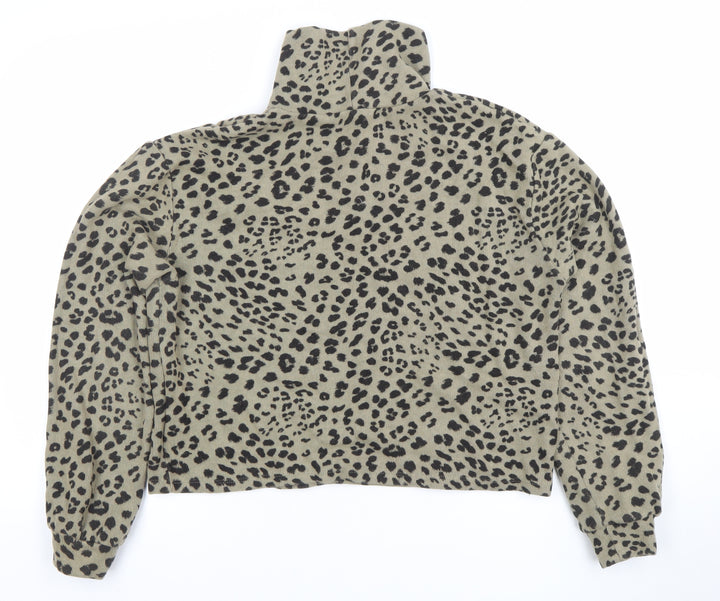 Pull&Bear Women's Beige Leopard Print High Neck Long Sleeve Top L