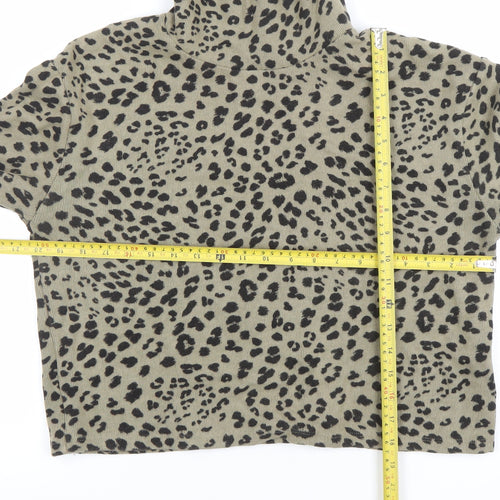 Pull&Bear Women's Beige Leopard Print High Neck Long Sleeve Top L