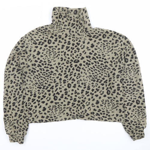 Pull&Bear Women's Beige Leopard Print High Neck Long Sleeve Top L