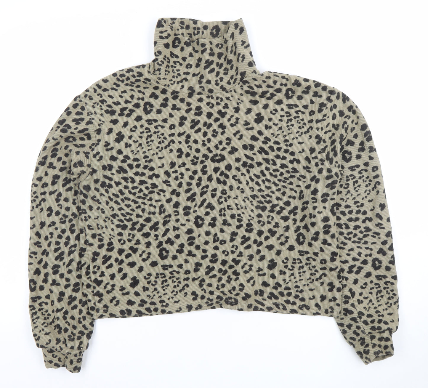 Pull&Bear Women's Beige Leopard Print High Neck Long Sleeve Top L
