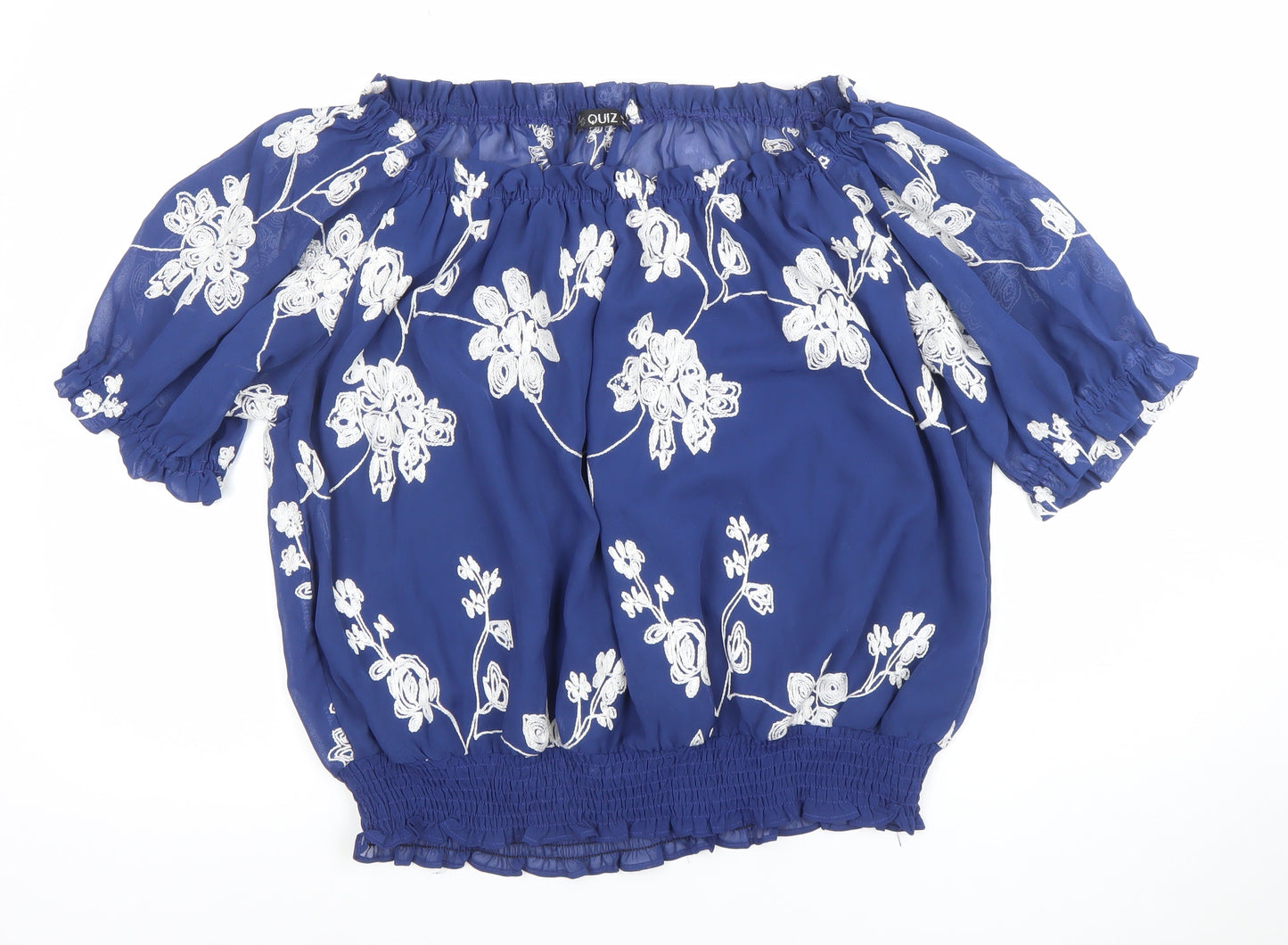 Quiz Women Blue Embroidered Off Shoulder Short Sleeve Blouse Size 14