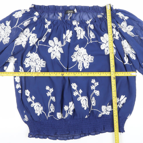Quiz Women Blue Embroidered Off Shoulder Short Sleeve Blouse Size 14
