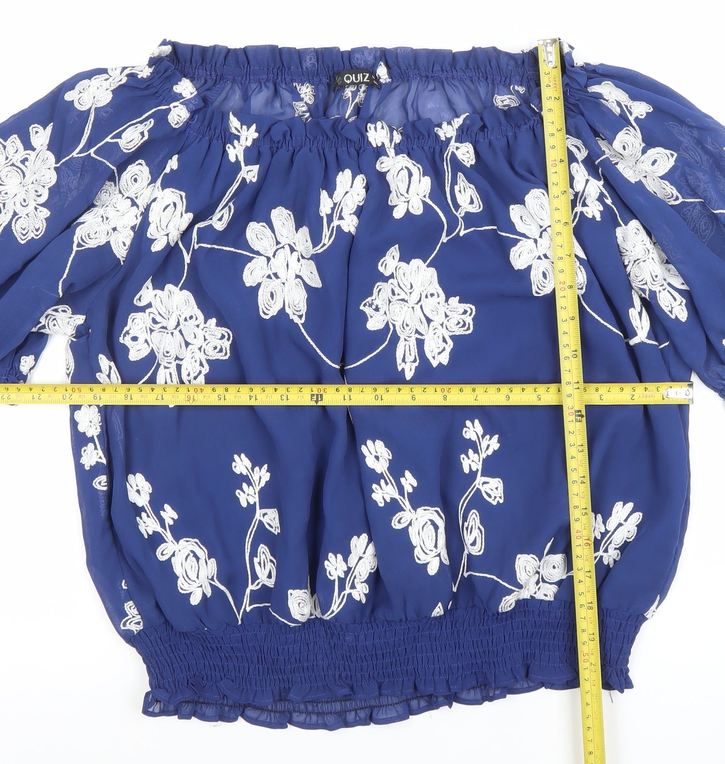 Quiz Women Blue Embroidered Off Shoulder Short Sleeve Blouse Size 14