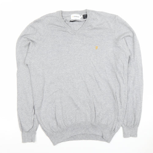 Farah Men's Grey Cotton V-Neck Jumper Size M Lightweight Knit