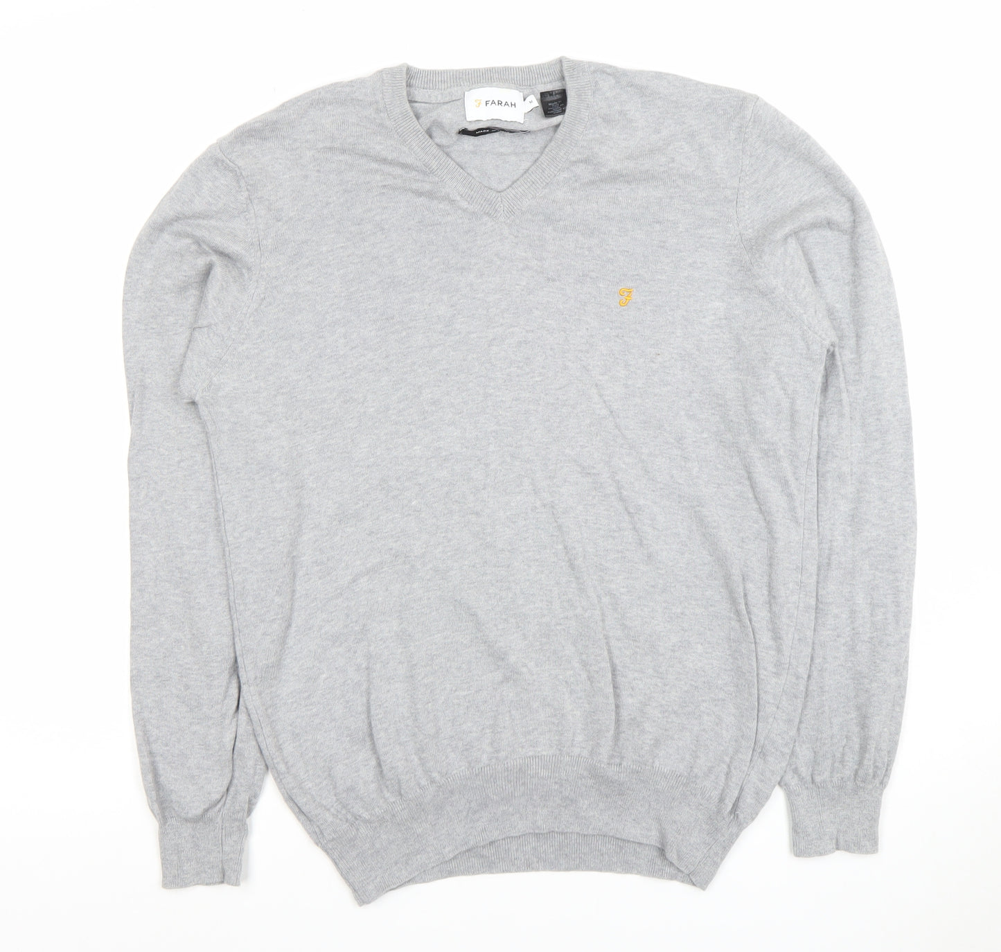 Farah Men's Grey Cotton V-Neck Jumper Size M Lightweight Knit