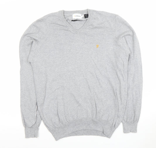 Farah Men's Grey Cotton V-Neck Jumper Size M Lightweight Knit